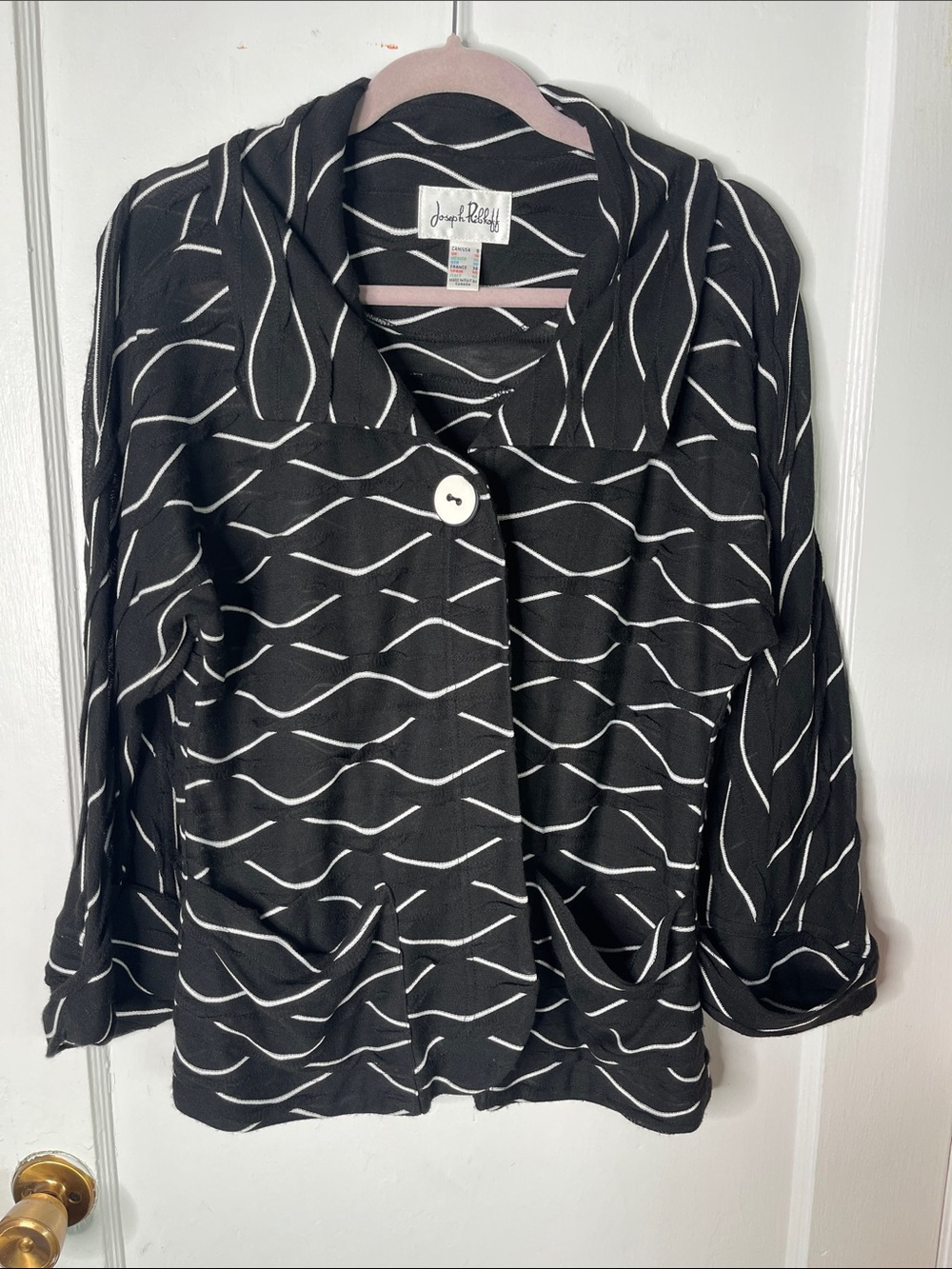 Joseph Ribkoff 8 Cardigan Sweater Black White Whimsical Stripe Collar 3/4 Sleeve